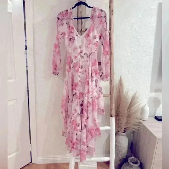 NWT SAU LEE Georgia Pink White Floral Chiffon Ruffle Midi Dress Gown Size 8 - Picture 5 of 10